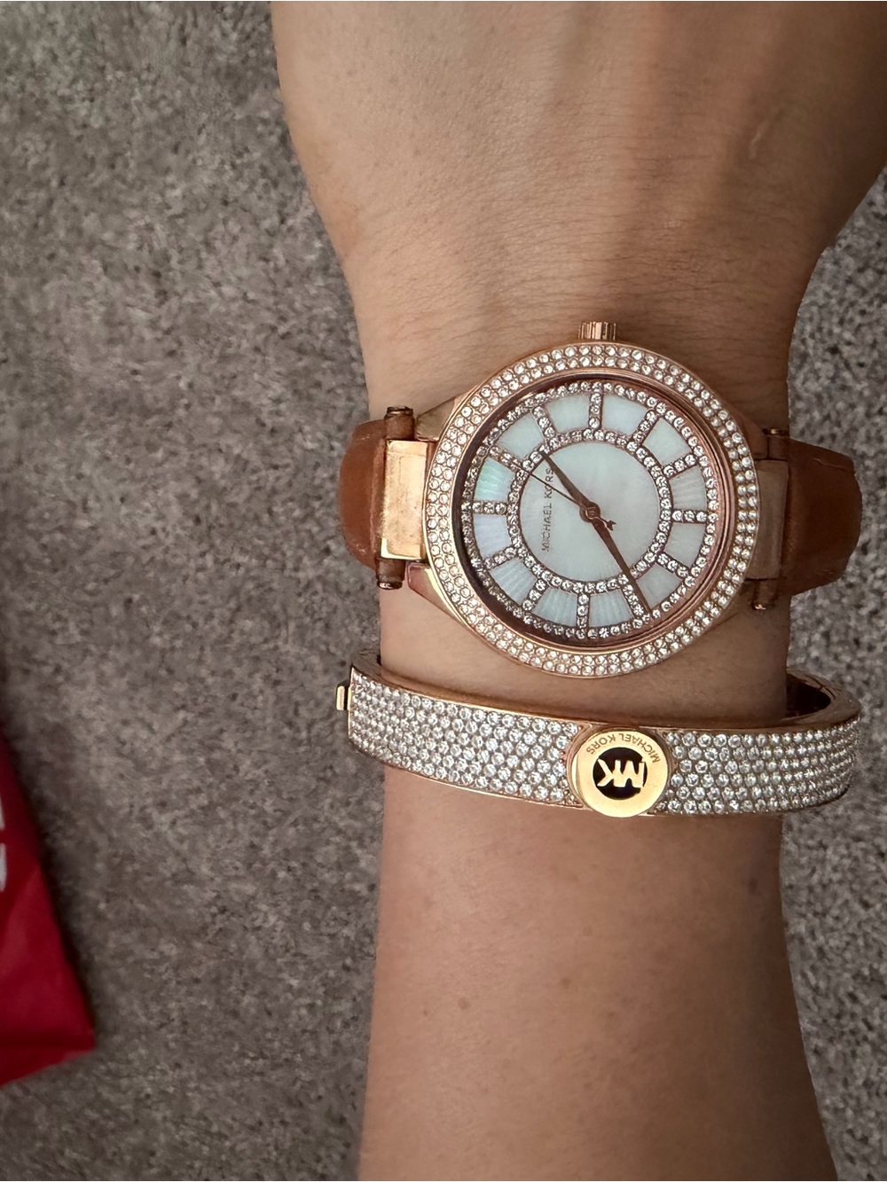Michael Kors Rose Gold Tone Watch with Brown Leather Strap